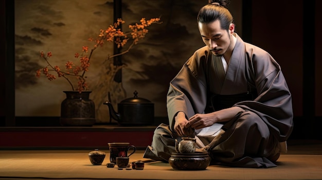 Samurai tea ceremony with intricate rituals and traditions Japanese aesthetics ritual tatami kimono ritual teapot Japanese dishes privacy Secret sacrament concept Generative by AI