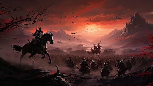 A samurai warlord leads his troops to the decisive battlefield Japanese aesthetics crowds of warriors dedication plate armor horse Concept of war carnage on the battlefield Generative by AI