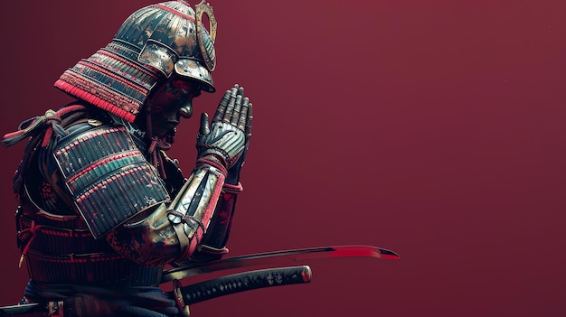 A samurai warrior dressed in traditional armor kneels and prays before a battle
