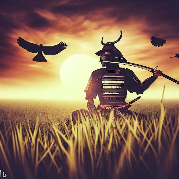 A samurai warrior in a field of grass with crows and a sunset