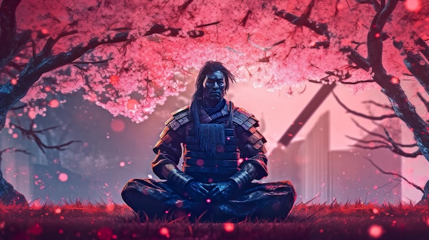 Воин-самурай медитирует под цветущей вишней