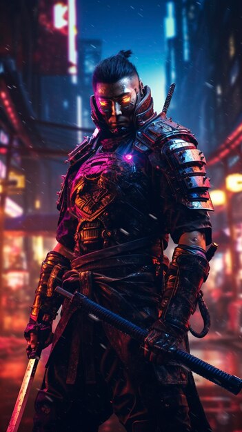 Samurai warrior with katana and futuristic neon armor on a background of postapocalyptic japanese