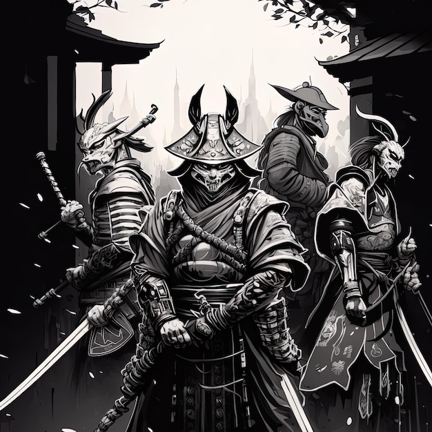 Samurai warrior with katana sword Ronin samurai against five enemy surrounded about to fight comic style Generative AI