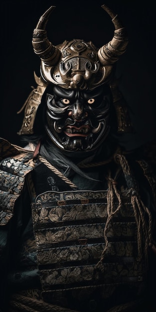 A samurai with a golden face and a yellow eyes