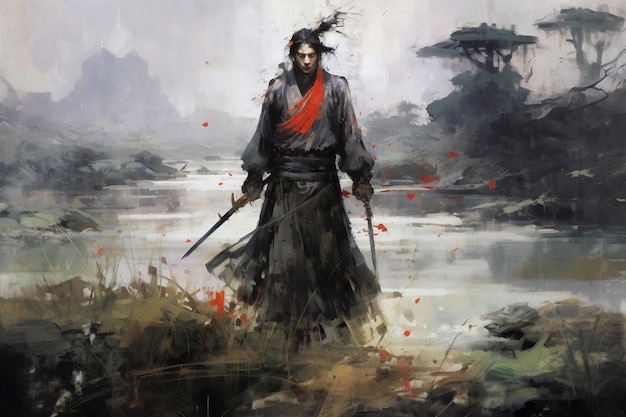 A samurai with a red scarf stands in front of a landscape.