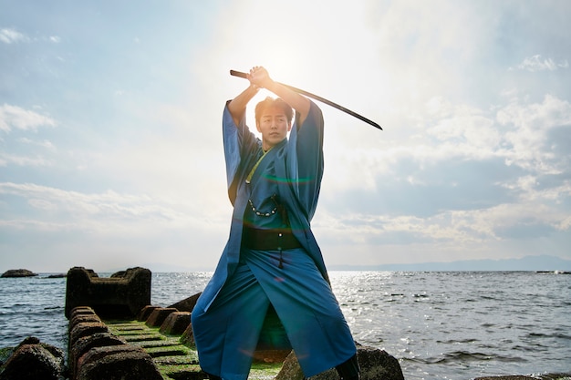 samurai with sword outdoors