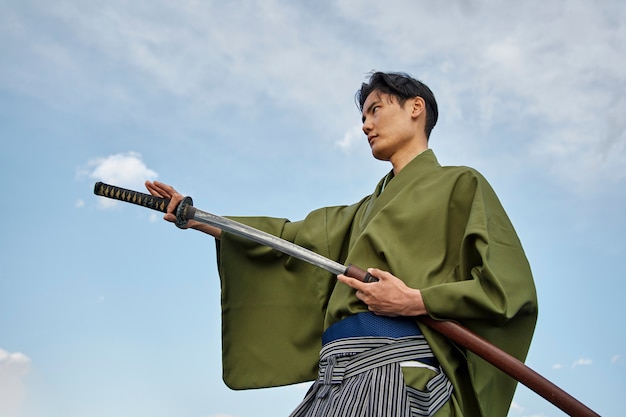samurai with sword outdoors