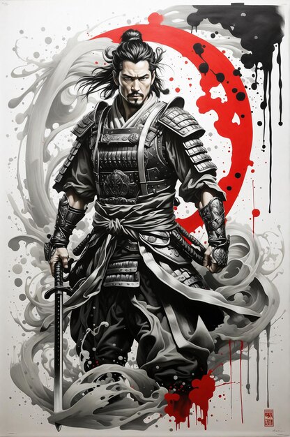 Photo samuraiwarriortattooartinksplashswirlofinkjapanesewritingartatitfinestblackwhi