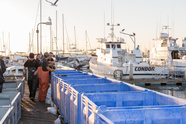 SAN DIEGO, VS - 17 NOVEMBER 2015 - vissersboot die tonijn lost bij zonsopgang