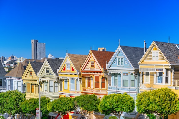 San Francisco, California, USA - September 10, 2018: Panoramic view of the San Francisco Painted ladies (Victorian Houses).