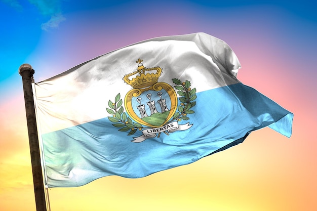 san_marino landvlag, 3D-vlag en gekleurde achtergrond.