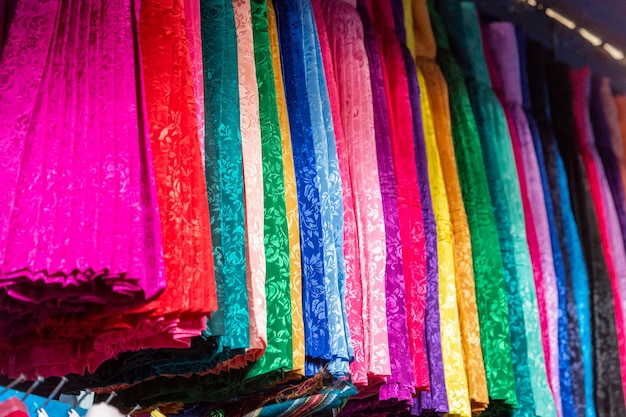 San pedro central market cuzco peru on october 8 2014 colorful fabric products  of the andean