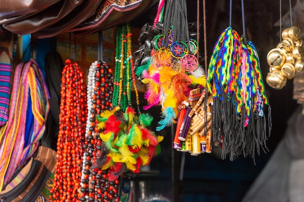 San pedro central market cuzco peru on october 8 2014 colorful fabric products  of the andean