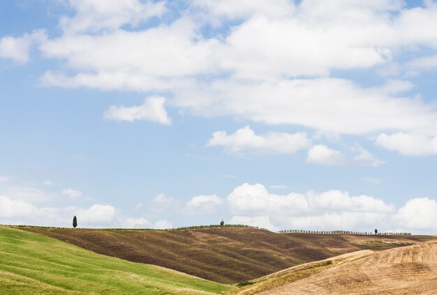 San Quirico d'Orcia, Toscane, Italië. Klassiek voorbeeld van lokaal panorama