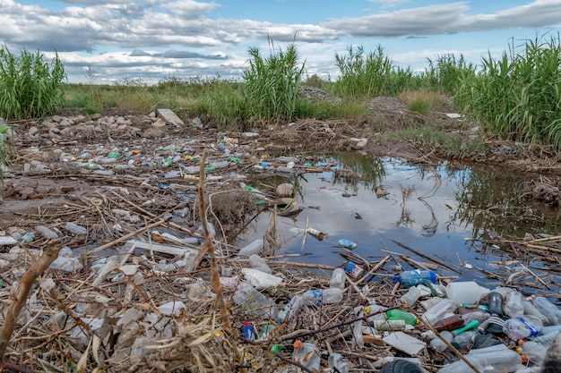 San Rafael, Argentina, january 1, 2021:Rubbish floating on a surface of the water, contamination of water bodies.