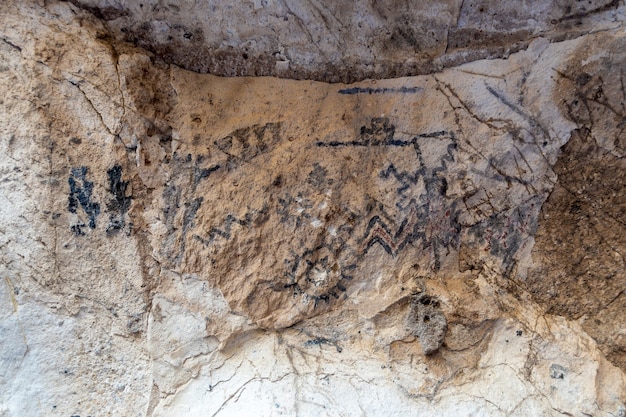 San Rafael, Argentina, July 28, 2021: Rock paintings on the cave walls. Huarpes people in Mendoza, Argentina.