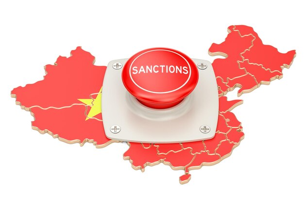 Sanctions button on map of China 3D rendering