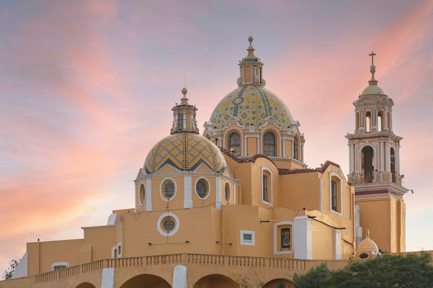 Sanctuary of the remedies in Cholula Puebla with the sunset sky in the background