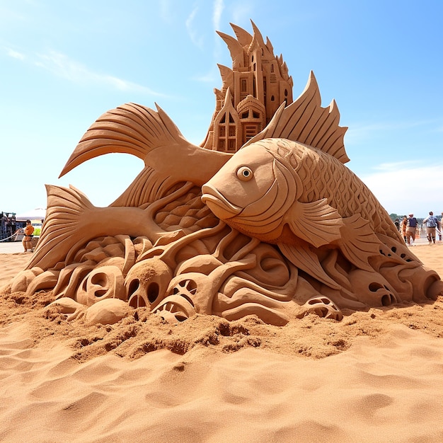 Искусство с песком, изображающее рыбу на пляже с морем на переднем плане