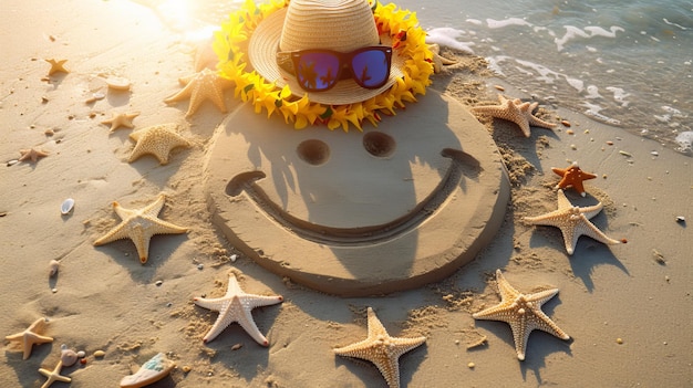 Foto arte di sabbia di faccia sorridente con cappello di paglia e occhiali da sole sulla spiaggia