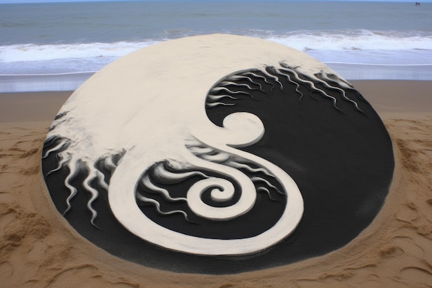 Photo sand art of yin yang at a beach created with generative ai