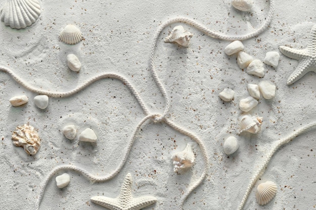 Sand background with seashells, starfish, cord and pebbles. Off white stones on textured sand surface. Summertime monochromatic flat lay. Summer beach decorations, decorative top view.