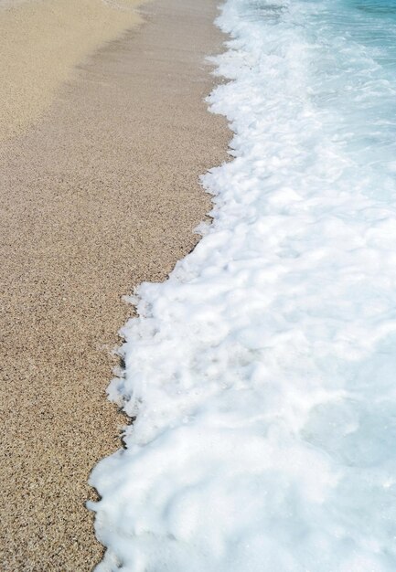 Sand beach and blue wave sea with white foam