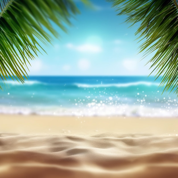 Sand beach with palm tree leaves with blurred sea background