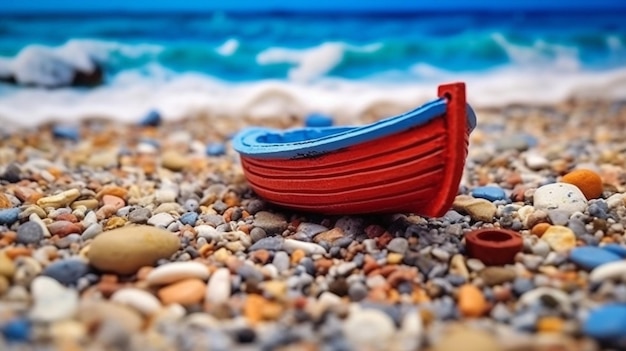 砂浜の木製ボート海青い空と水の波