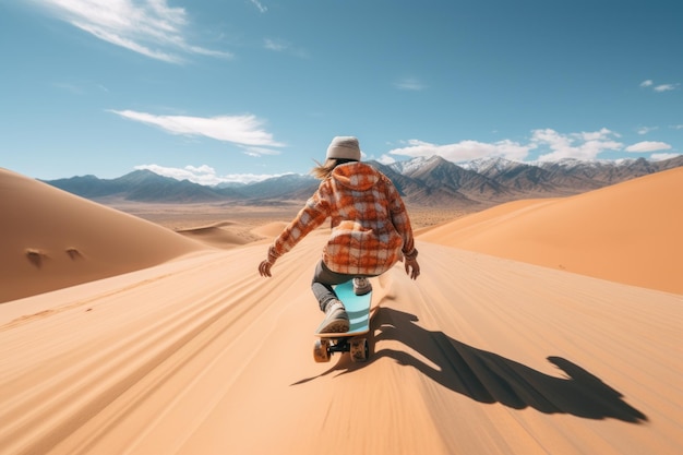 샌드 보딩 사파리 사막 샌드 보드 샌드 보드는 에너지 자유와 애드레로 모래 언덕에 있는 남자 또는 여자