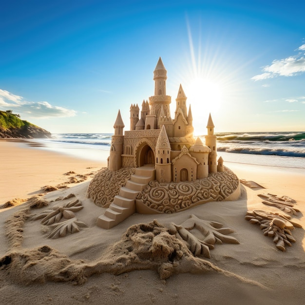 Sand castle on beach AI generated Image