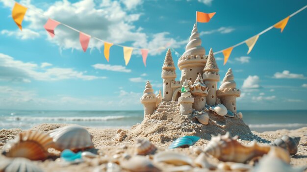 Песчаный замок на пляже с обилием ракушек