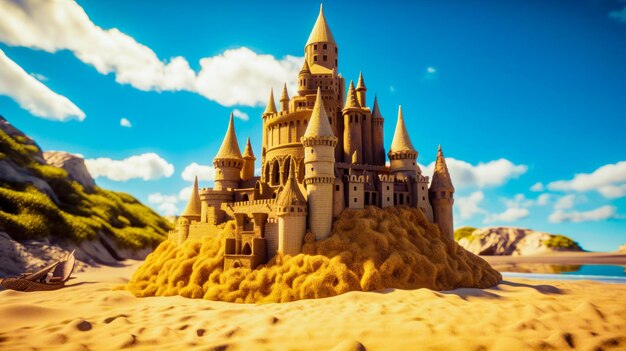 Sand castle on beach with blue sky and clouds in the background Generative AI