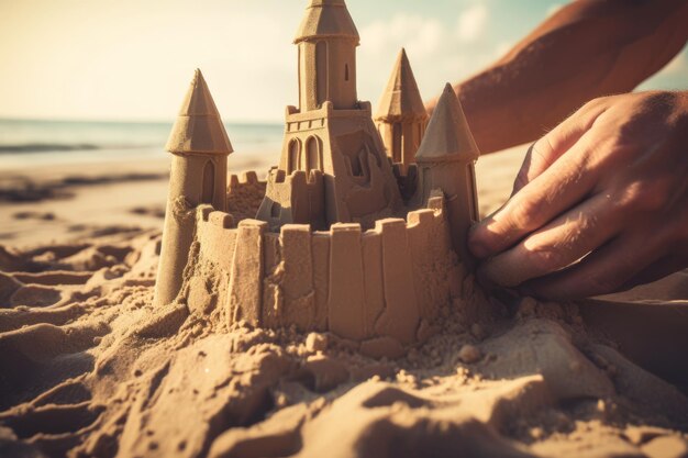 sand castle on the beach with a castle in the background