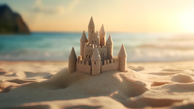 Sand castle on a beach with a sunset in the background