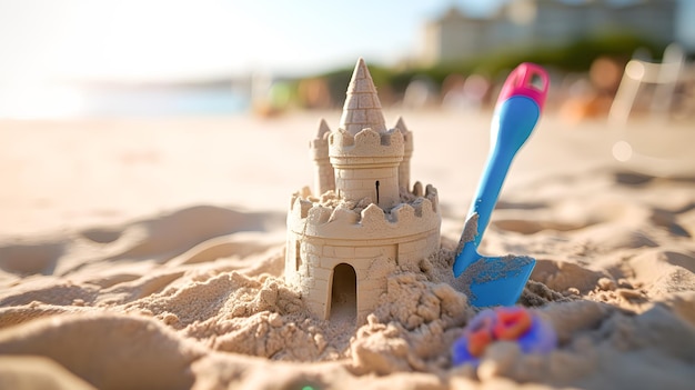 Sand castle on a beach with a toy shovel Concept of family vacations and children's games Generative ai