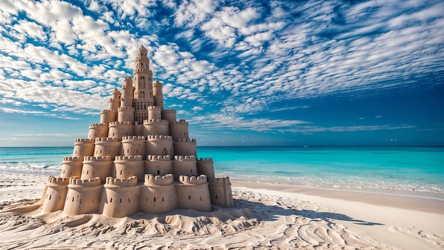 a sand castle built on a beach with the ocean in the background