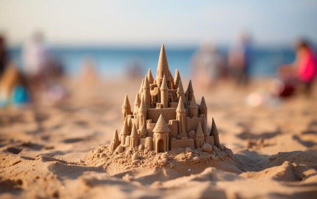 Sand castle creation with a soft blur of the beach behind