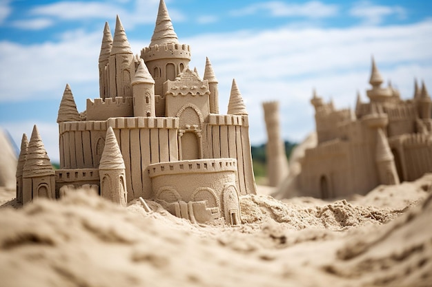 Photo a sand castle is on the beach in front of a castle
