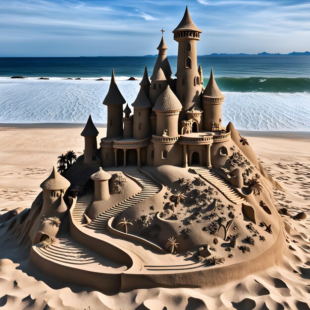 a sand castle is on the beach and has a beach scene in the background