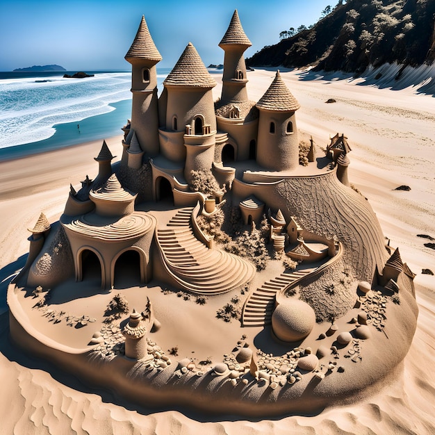 a sand castle is on the beach and has a sand castle on the bottom