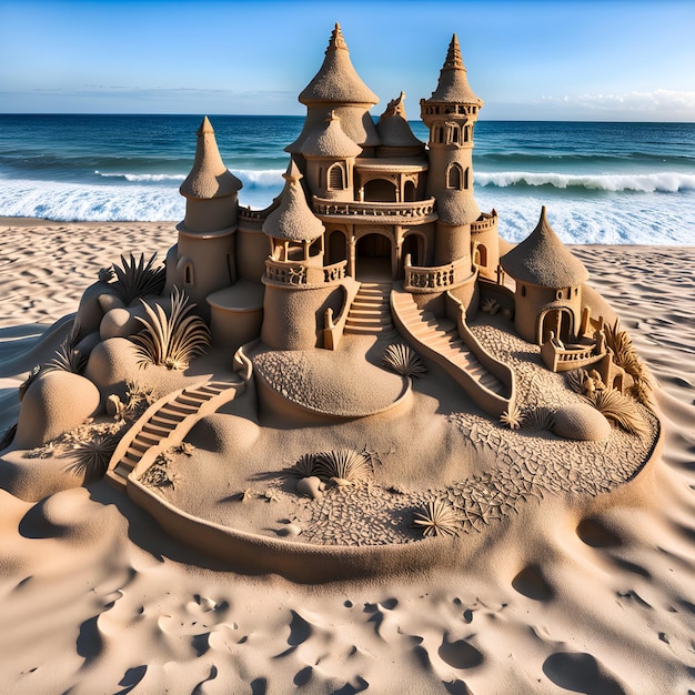 a sand castle is on the beach and the ocean is in the background