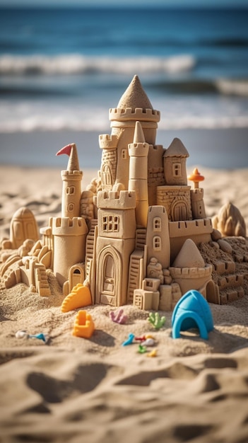 A sand castle is displayed on a cake