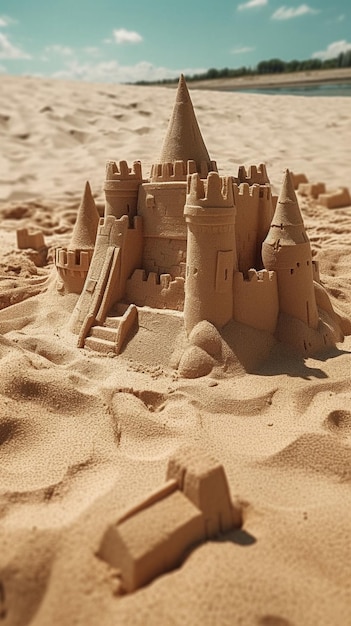 A sand castle is displayed on a cake