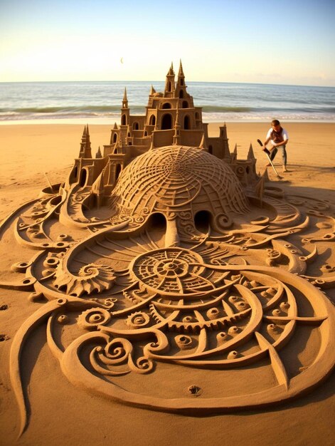 Photo a sand castle is made by a man on a beach.