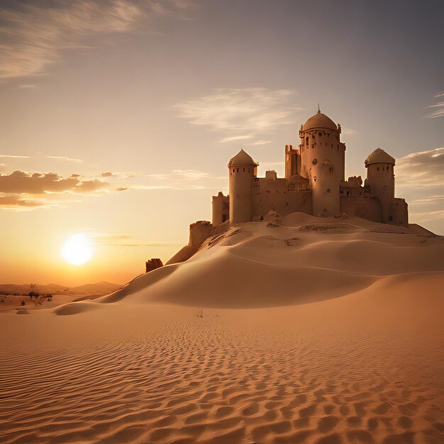 Foto un castello di sabbia è nella sabbia al tramonto