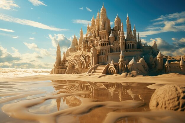 a sand castle is sitting on a beach