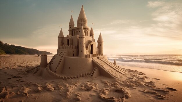 Sand castle next to the ocean