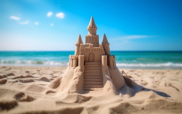 A sand castle on a sunny beach AI