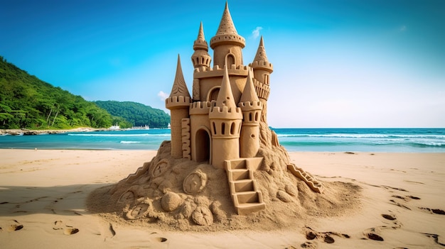 Замок из песка на тропическом пляже Генеративный ИИ